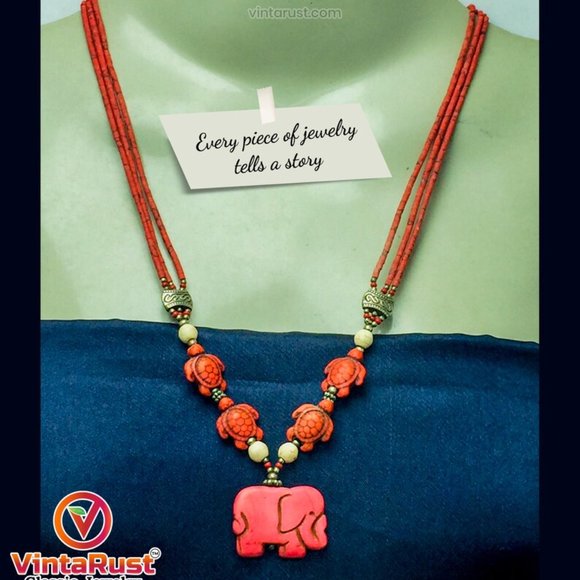 Beaded Multilayer Necklace With Dangling Elephant Shape Pendant - Picture 2 of 6